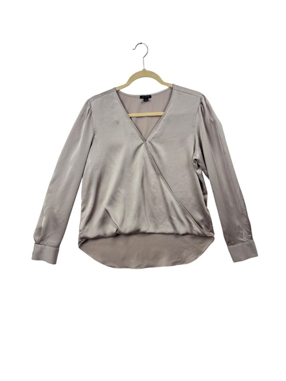 ✨3/$30 Ann Taylor Womens M Satin Wrap Blouse Long Sleeve Taupe Polyester